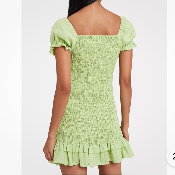 Faithful the Brand Cette Linen Lime Green Smocked Ruffled Mini Dress Sz L - Picture 2 of 8
